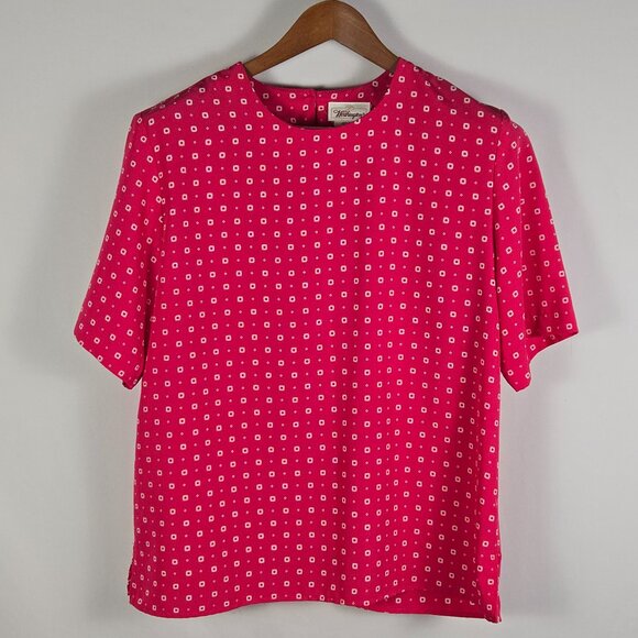 Worthington Vintage Pink Geometric‎ Blouse Large Short Sleeve Mod Retro 80s - Picture 1 of 10